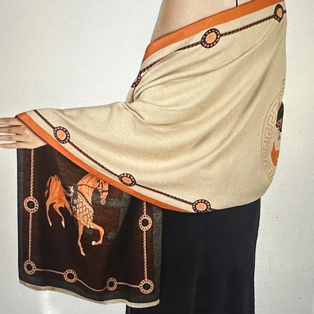 Women’s Elegant Horse Print Shawl with Orange Accents